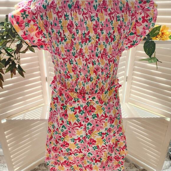 FLORAL NWOT MULTI COLOR PEPLUM RUFFLE CAP SLEEVE SMOCKED DRESS MULTIPLE … - Picture 6 of 7